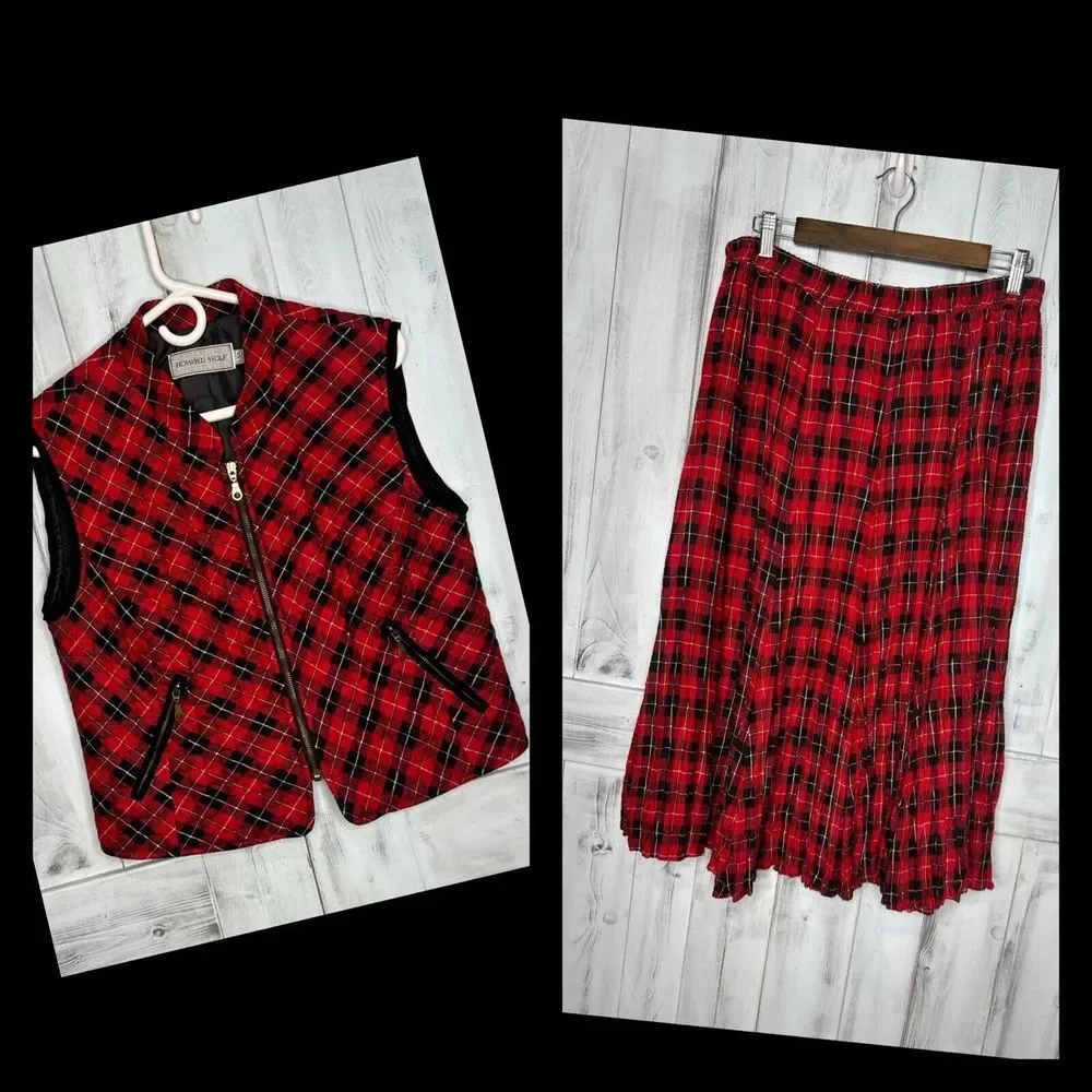 Vintage HOWARD WOLF DALLAS Red‎ Black Plaid Quilted Vest & Midi Skirt Set 12
